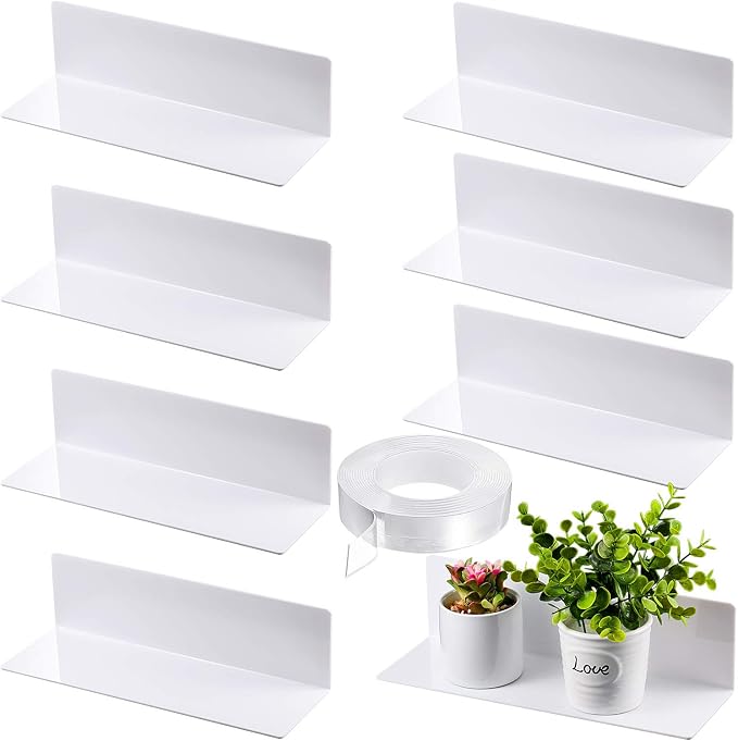 Jetec 8 Pieces Acrylic Floating Shelves, 12 Inch Acrylic Wall Mounted Hanging Shelf Bookshelf with 5 Meters Nano Double Sided Tape for Bedroom, Gaming Room, Living Room, Bathroom, Office(White) by Jetec