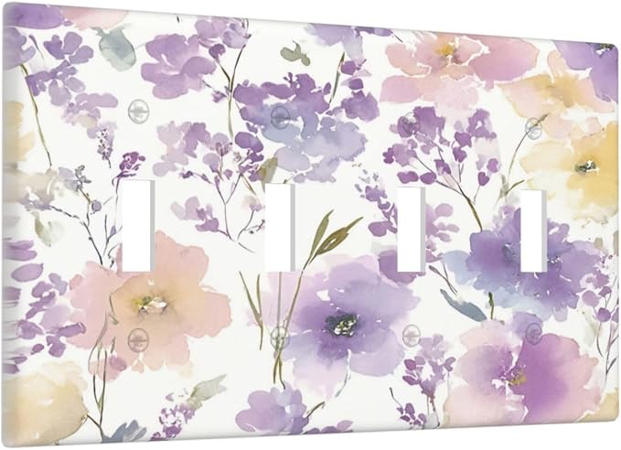 Decorative Switch Plate Covers Purple Floral Watercolor Wildflower 4 Gang Light Switch Cover Plate Quad Toggle Wall Plate 4 Hole Electrical Switchplatedimmer Faceplate for Bedroom Decor - Image 2
