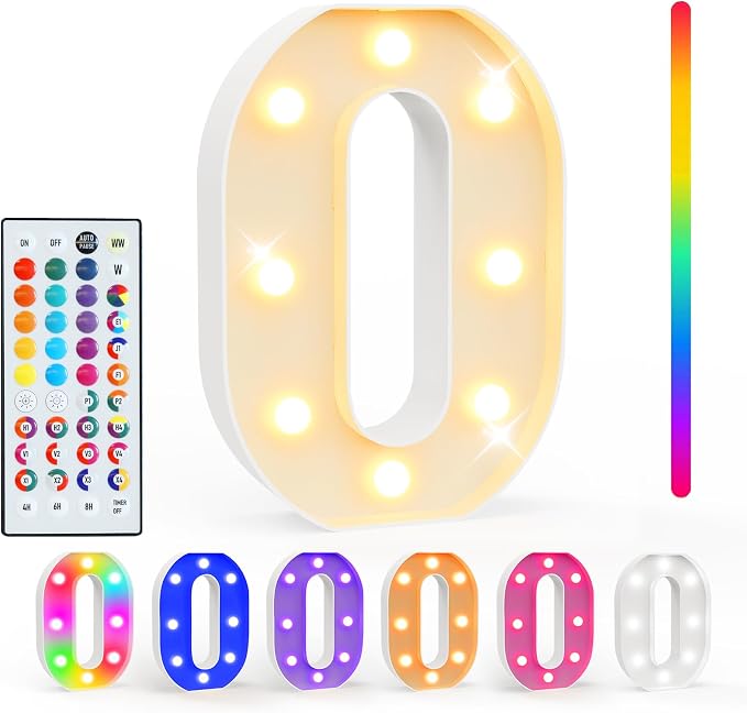 Pooqla Colorful Light Up Numbers, 35 Colors LED Marquee Number Lights for 10th Birthday Decorations with Remote, RGB Lighted Numbers for Party, Wedding, Bar, Night Light, Home Decor, Number 0 by Pooqla