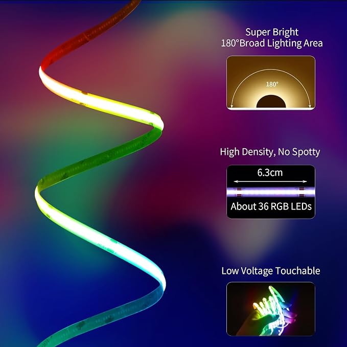 20FT LED Strip Lights COB Smart IC, 24V Color Changing RGB LED Lights - Image 3