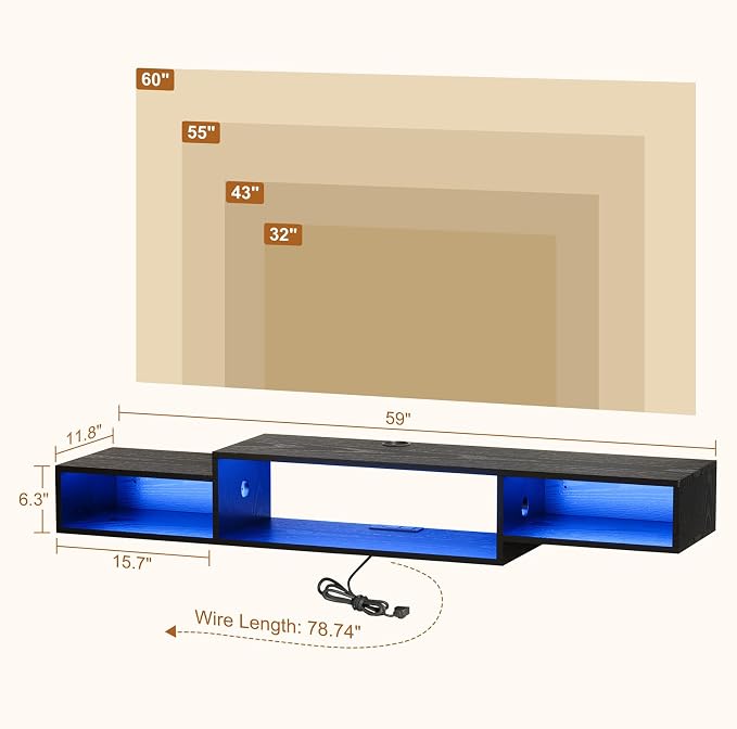 59 Inch Floating TV Stand with LED Light & Power Outlet, Black - Image 2