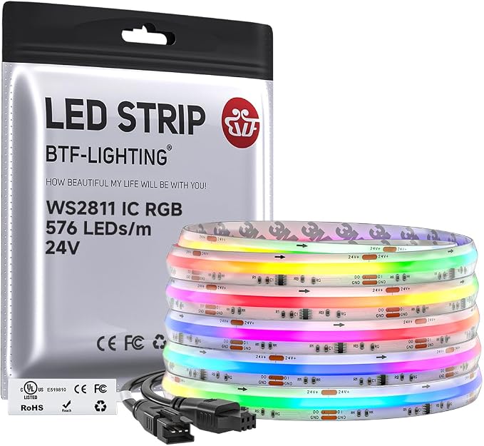 BTF-LIGHTING IP66 RGB WS2811 Smart IC FCOB COB LED Strip, UL Listed 576LEDs/m High Density Color Chasing Uniform Light, DC24V 16.4FT 10mm Width Tape Light for Home DIY Decor(No Adapter or Controller) by BTF-LIGHTING