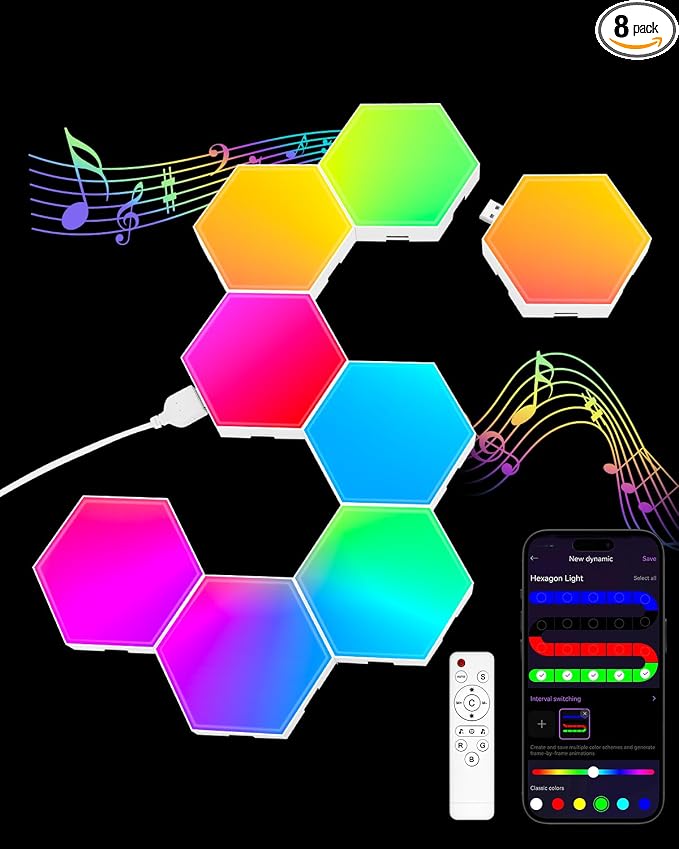 Hexagon LED Light Panels 8 Pack – RGB Wall Decor Lights with Music Sync, App & Remote – Modular Home & Christmas Decor for Bedroom, Living Room, and Room Decor by JIMIMORO