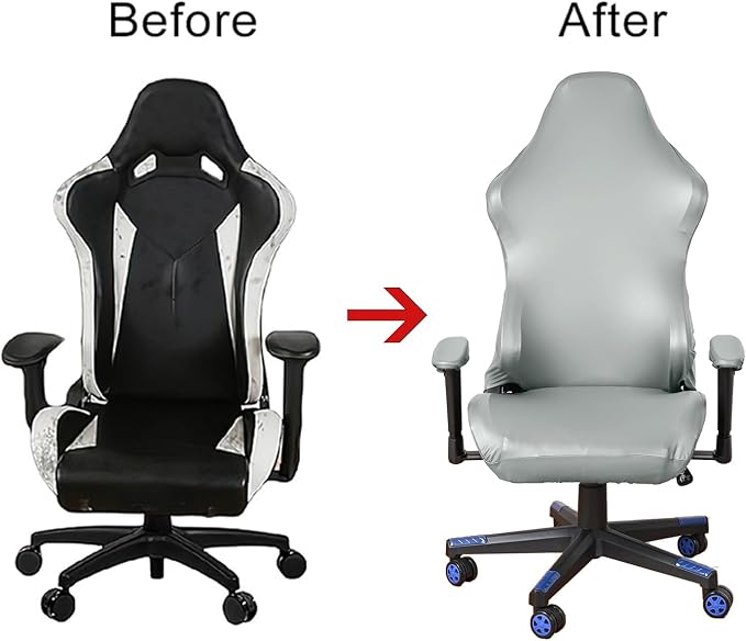 Waterproof Leather Look Gaming Chair Cover, Ergonomic Office Computer Faux PU Leather Game Chair Slipcovers, 4pcs Set Anti-Slip Stretchy Covers for Reclining Racing Gaming Chair (Light Grey) - Image 6
