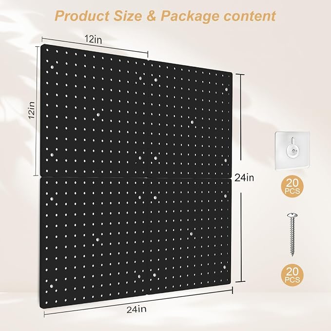 FZK Plastic Pegboard Wall Organizer Kit, 12x12, 4 Pack, Black | Durable ABS material, compatible with 1/4"and 1/8" pegboad accessories, includes adhesive or drill installation accessories - Image 2