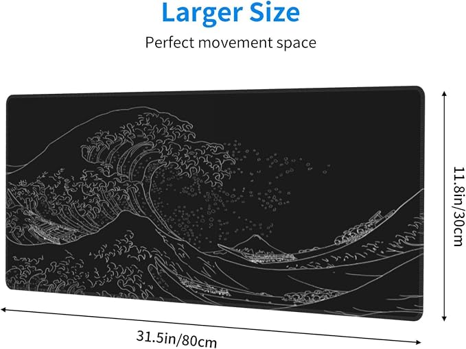 Extended Gaming Mouse Pad, Large Gaming Mouse Waterproof with Stitched Edges, Non-Slip Desktop Pad for Home and Office, Level Up Your 31.5x11.8 Inch… (Black Wave) - Image 2
