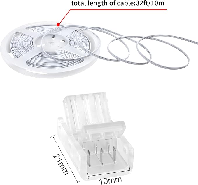 RGBZONE 3 Pin 10mm LED Connector Kit with 32.8ft 3 Pin Extension Cable and 10 Pcs 3 Pin LED Strip to Wire Connectors for 10mm IP20/IP65 SMD 5050 Dream Color LED Strip Light WS2811 WS2812B - Image 2