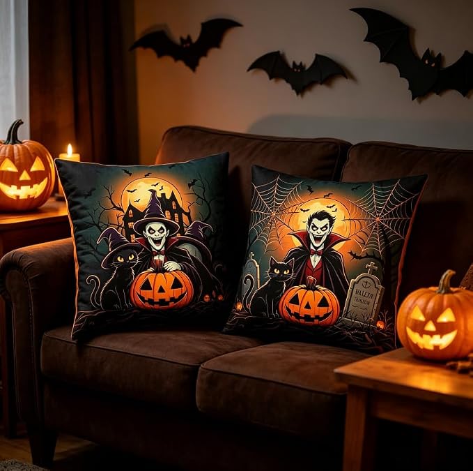 Halloween Throw Pillow Covers, Vampire and Black Cat Spooky Design, Linen, 18x18 Inch, Set of 2, Machine Washable - Image 2