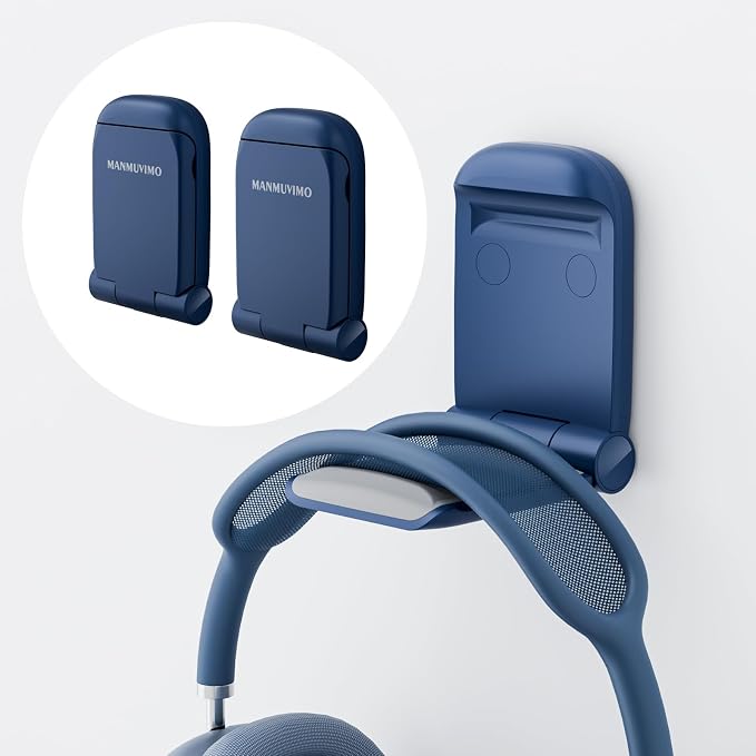 MAMUVIMO Headphone Stand, 2 Pack Headset Stand Foldable＆Sticky, Headphone Holder Hook Mount with Non-Slip Silicone, Adhesive Earphone Desk Hanger Clip Space-Saving for Airpods Max, All Earphones- Blue by MANMUVIMO