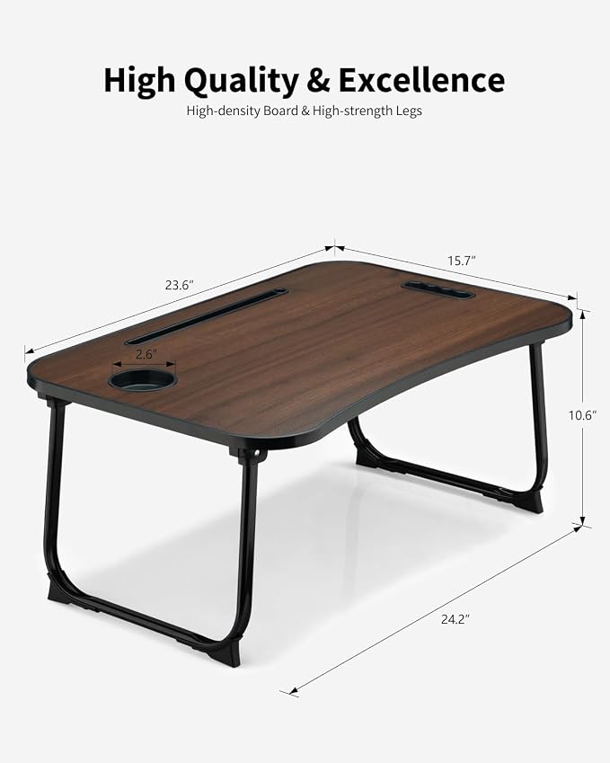Foldable Lap Desk, Laptop Bed Desk, Portable Lap Table, Laptop Bed Table with Cup Holder & Tablet Slot & Lifting Handle for Working Writing Drawing & Eating - Walnut Brown - Image 4