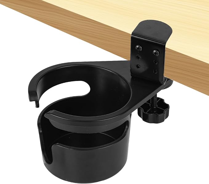 Desk Cup Holder Clamp, Rotatable Mount Design Drink Holder Attachments Accessories for Table Anti-Spill Plastic Clip on Mug Holders for Most Cups Cans Water Bottles Home Office Gaming Use (Black) ﻿ by Unknown