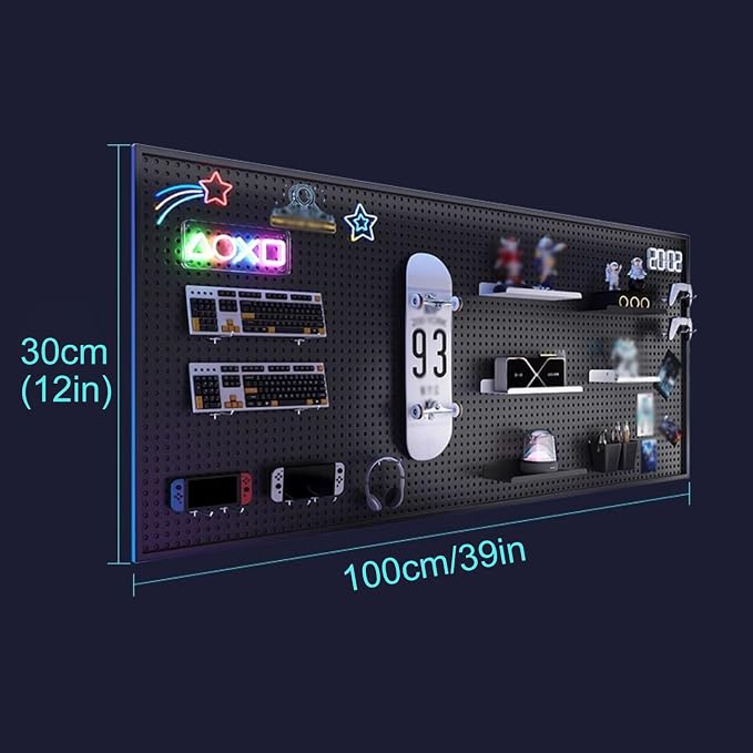 Desk Pegboard Metal Gaming Pegboard Black Peg Board Organizer with 20 Pcs Hooks for Office, Garage Tools, Kitchen, Craft(100x30cm/39x12in) - Image 2