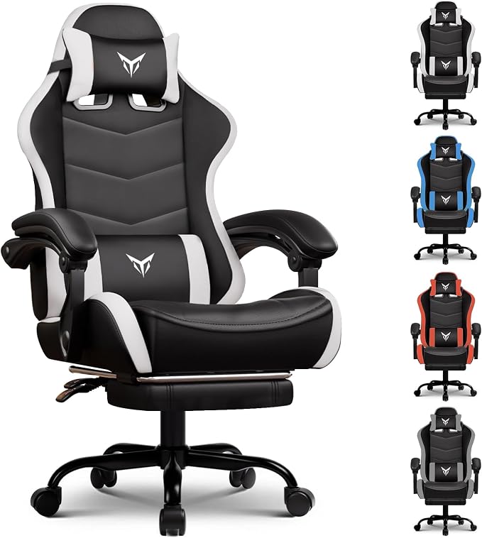 GTPLAYER Gaming Chair with Footrest, Video Game Chairs Racing Style PC Game Chairs 350lbs for Adults - Padded High Back Ergonomic Reclining Silla Gamer, Linkage Armrest,White by GTPLAYER