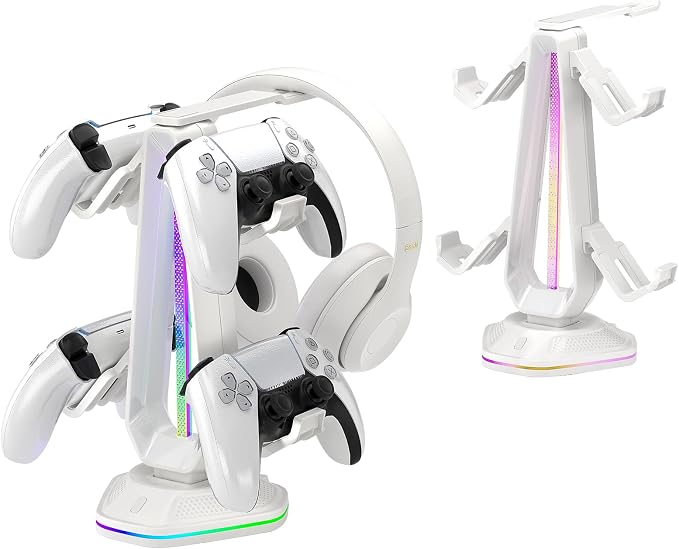Saitake RGB Controller Stand with 9 Light Modes,Controller Holder with 2 USB Ports,Headset Stand for Desk-Headphone Holder Suitable for All Headphones and Controller (White) by Unknown