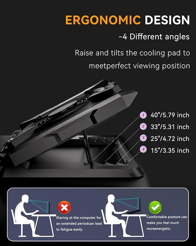 Laptop Cooling Pad, Gaming Laptop Cooler with 7.1 Inch Powerful Fan, RGB Lights & 3-Speed Fan Control & LCD Diamond Design, Height Adjustable Quiet Laptop Cooling Stand for 12"-21" Laptops etc - Image 3