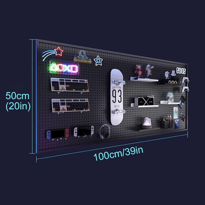 Desk Pegboard Metal Gaming Pegboard Black Peg Board Organizer with 20 Pcs Hooks for Office, Garage Tools, Kitchen, Craft(100x50cm/39x20in) - Image 2