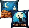 Halloween Throw Pillow Covers, Linen, 18x18 Inch, Set of 2, Pumpkin and Black Cat Trick or Treat Design, Machine Washable by Unknown