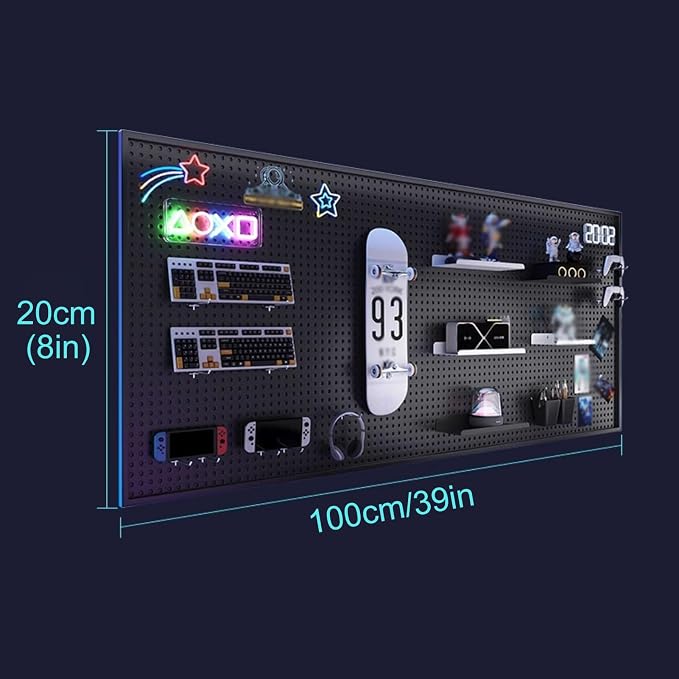Desk Pegboard Metal Gaming Pegboard Black Peg Board Organizer with 20 Pcs Hooks for Office, Garage Tools, Kitchen, Craft(100x20cm/39x8in) - Image 2