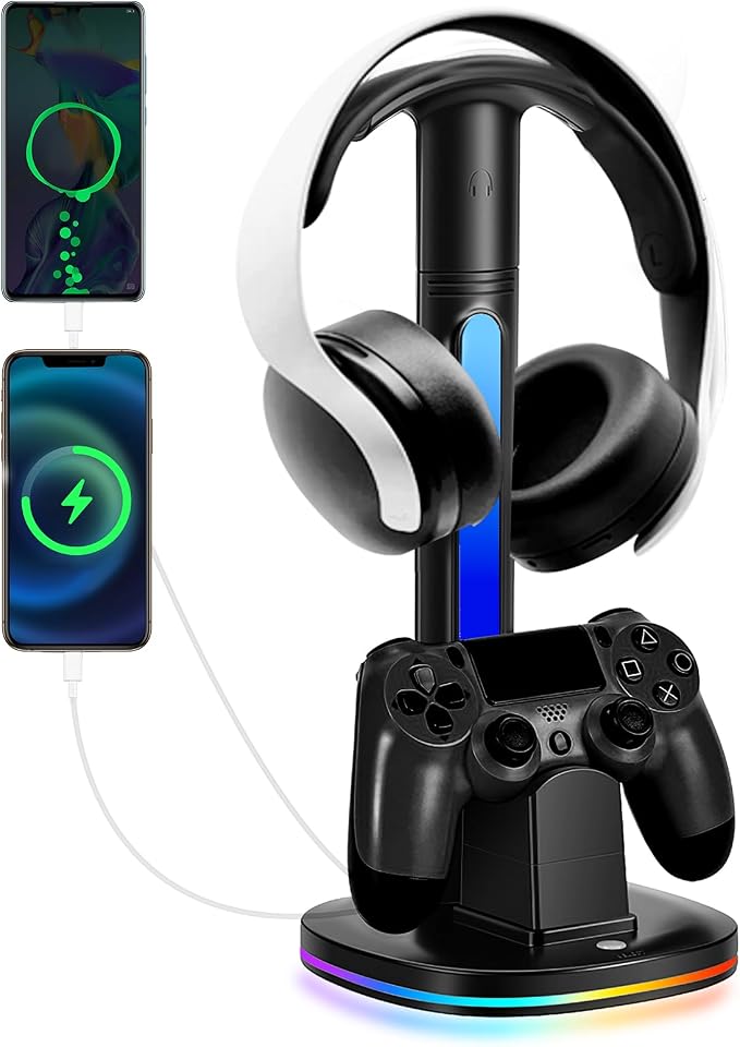 PS4 Controller Charger with RGB Headphone Stand, JDGPOKOO PS4 Controller Charger Dock Station with 2 USB Charging Ports, Headset Stand for PlayStation 4 Charging Station, Black by JDGPOKOO