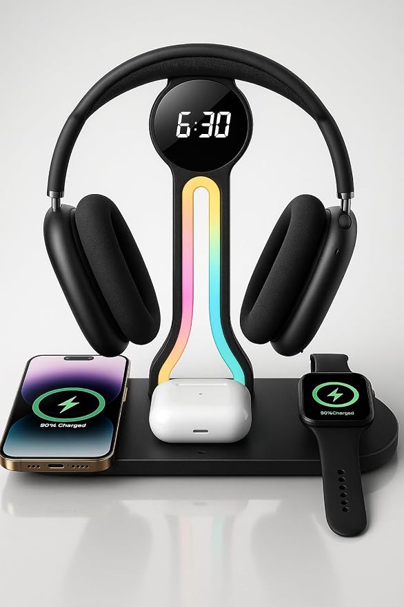 Transform Your Desk – 3-in-1 Wireless Charging Station with Headphone Stand, Dual USB Ports, 15W Fast Charger for Phone/A-irPods/A-pple Watch, RGB Light, LED Alarm Clock – Charge 5 Devices at Once by Unknown