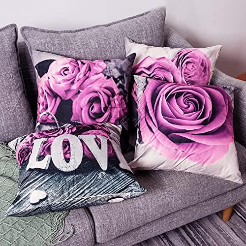 Light Purple Rose Throw Pillow Covers Set of 4 20x20” Flower Decorative Cotton Linen Square Pillow Cases for Bedroom Outdoor Patio Couch Cotton Linen Cushion Covers Living Room Bed Sofa Home Decor - Image 4