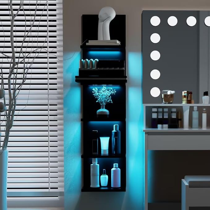 VIWODS 5-Tier Wall Shelf Unit with Light, Black - Image 6