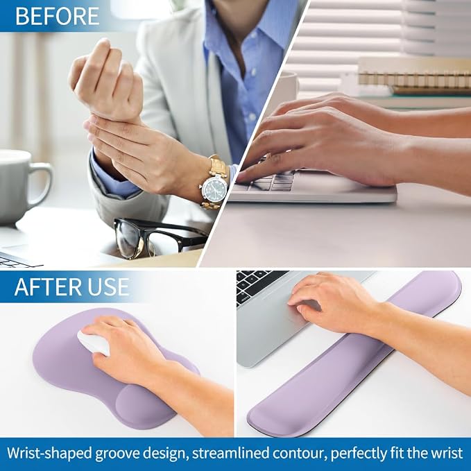 RICHEN Wrist Rest Support for Mouse Pad&Keyboard Set with Coaster,Concave Curved Memory Foam, Non-Slip Base Pain Relief Comfortable Easy Typing Pad for Home/Office (Lavender Purple) - Image 5