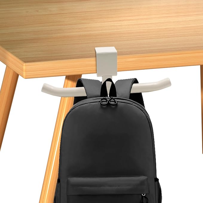 SnowTing Backpack Hanger for Table, Under Desk/Cabinet Iron Bag Organizer Hanger Clamp-on Backpack Hook for Office, Classroom, Dorm, Easy to Install, White by SnowTing