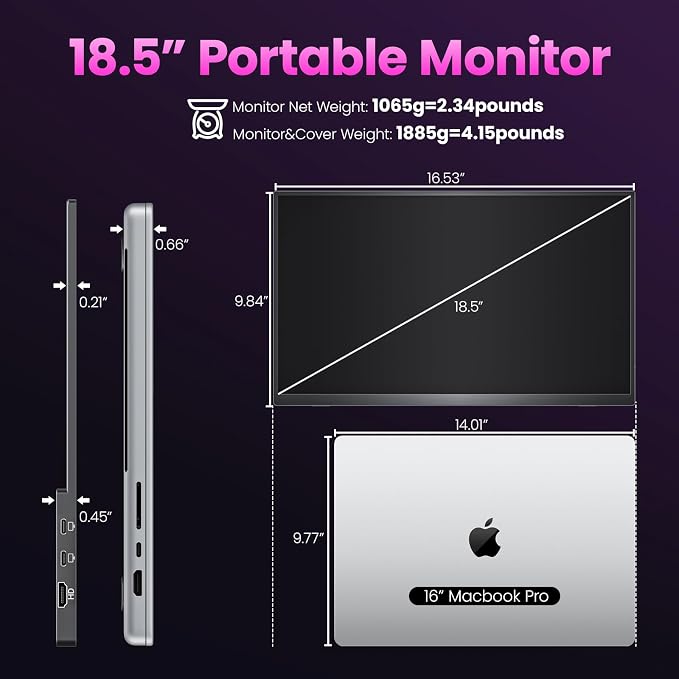 Upperizon Portable Monitor 18.5 inch FHD 130% sRGB 100Hz HDR HDMI USB-C Travel Monitor for Laptop MacBook PC Surface PS5 Xbox, Large External Display with Cover & Speakers, VESA Compatible - Image 3