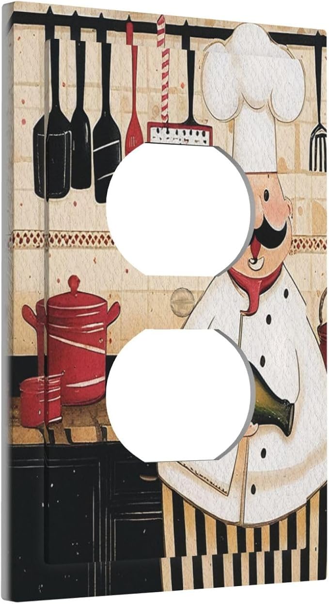 Outlet Covers Cartoon Fat Happy Chef Cook Decorative 1 Gang Duplex Light Switch Cover Plate Single Electrical Receptacle Wall Plate Plug Switchplate Faceplate for Farmhouse Kitchen Decor - Image 2