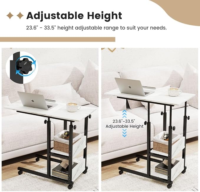Hadulcet Adjustable C Table with Charging Station, Tiltable Desk C Shaped End Table for Couch, Over Bed Table with Wheels Adjustable Height, Hospital Table Laptop Stand Drawing Desk, Marble White - Image 3