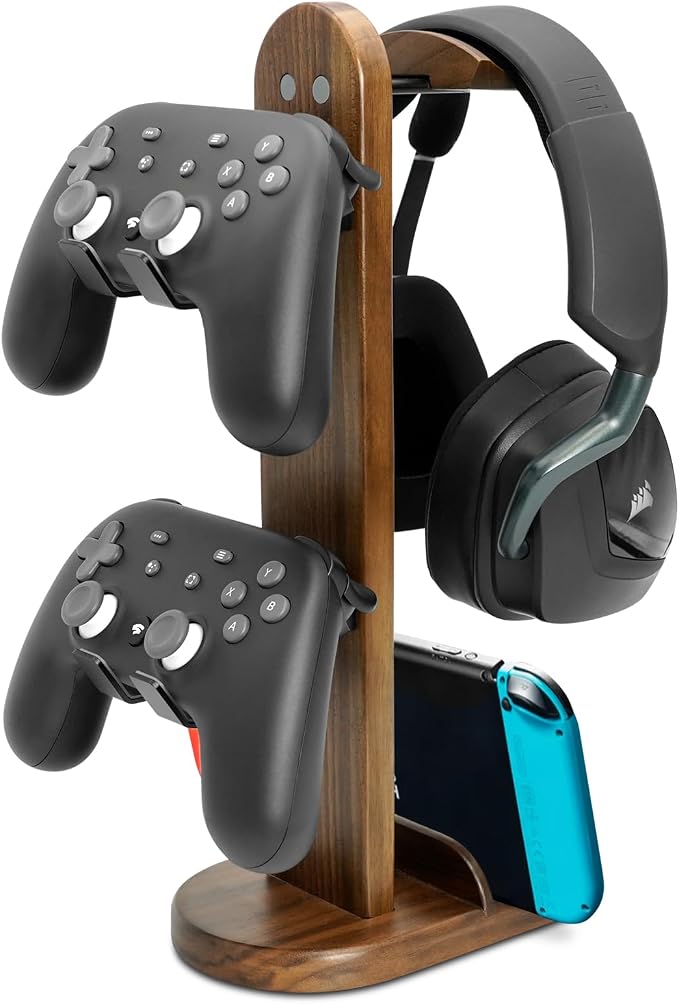 Controller Holder with Headphone Stand - Wood Gaming Controller Stand for Xbox PS5 PS4 Switch Pro, PC Gaming Accessories - Present Idea for Husband, Boyfriend, Gamers, Game Lover, Game Room Decor by GEVO