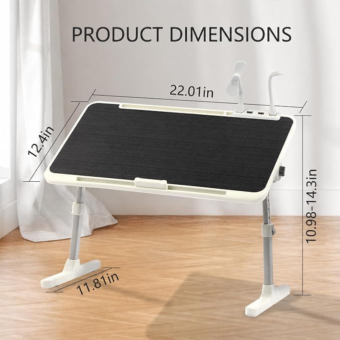 Laptop Desk for Bed, Height & Angle Adjustable Lap Desk with USB Cooling Fan, LED Light and USB Ports, Foldable Portable Laptop Table for Couch, Sofa, Floor, Reading, Writing, Black - Image 2