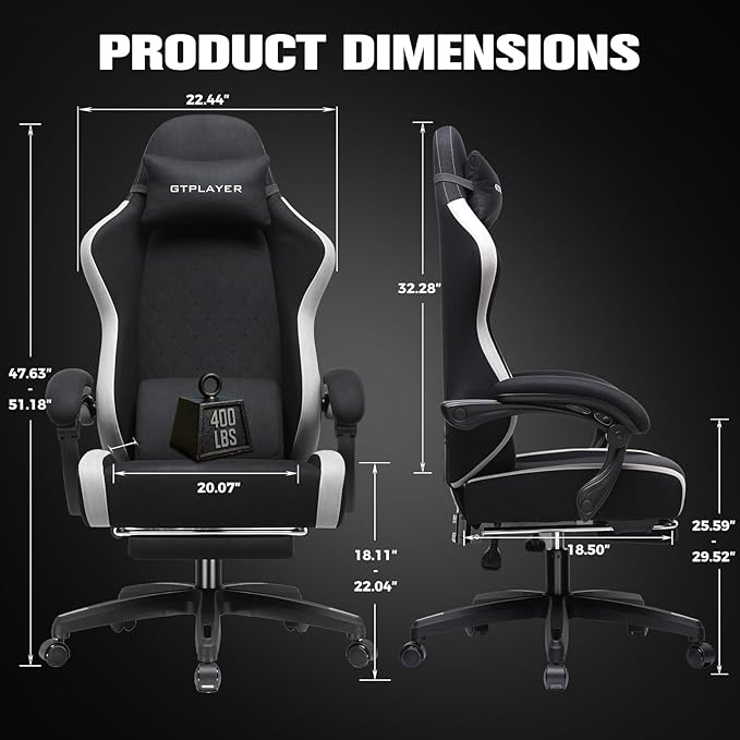 GTPLAYER Gaming Chair, Ergonomic Computer Chair with Footrest and Lumbar Support, High Back Recliner Chair 350lbs, Height Adjustable for Home Office, Black - Image 3
