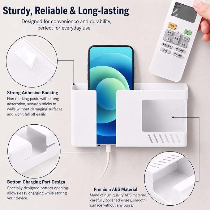 Strong Adhesive Wall Mount Phone Holder D3 Punch-Free Bedside Phone Shelf with Charging Port, Sticky Remote Control Storage Box, Bathroom & Kitchen Wall Organizer (White) - Image 3
