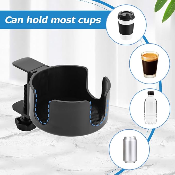 Desk Cup Holder Clamp & Hook, Anti-Spill Cup Holder, Headphone Hook, Adjustable Height, Black Aluminum - Image 5