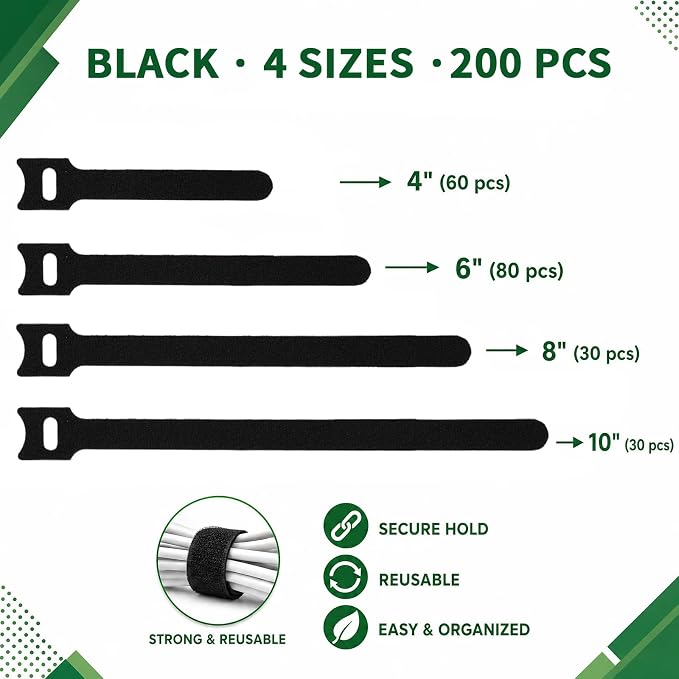 BALABALA 200PCS Cable Ties 4+6+8+10 Inch, Reusable Hook and Loop Straps for Cord Management, Fabric Fastening Straps with Strong Grip, Adjustable Cable Organizer for Home Office Electronics - Black - Image 2