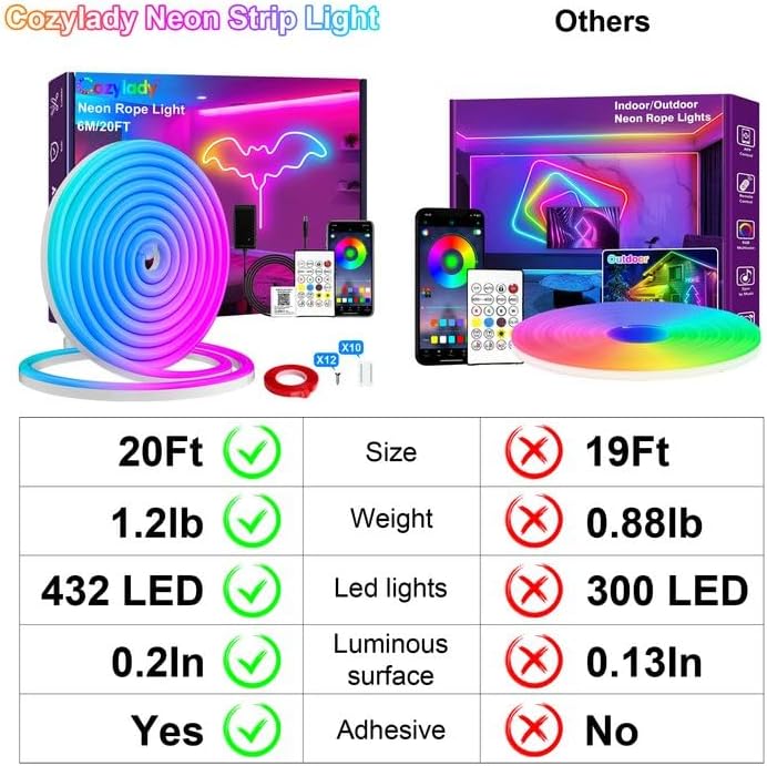 Cozylady 6M RGB Neon Light LED Rope Light,20ft Waterproof Bluetooth APP Remote Control Music Sync Strip Light,24V Flexible DIY Silicone Light for Bedroom Home Indoor Outdoor Decoration (6M/20Ft) - Image 2