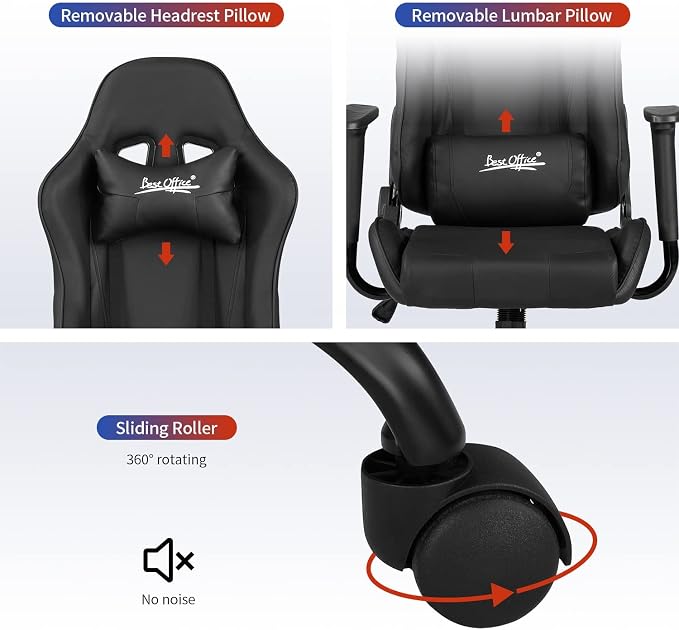 Gaming Chair Office Chair Desk Chair with Lumbar Support Headrest Armrest Task Rolling Swivel Ergonomic E-Sports Adjustable PC Gamer Chair Black - Image 7
