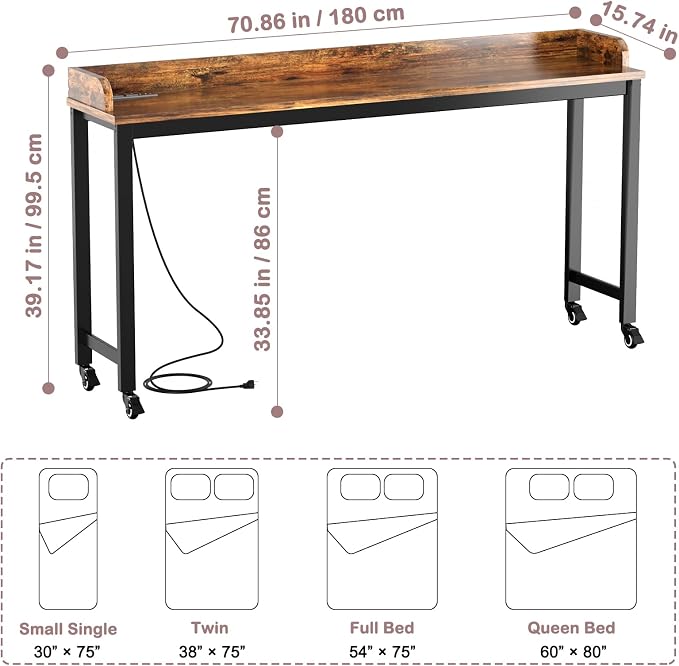 Ytaoka Table Overbed, Walnut, Queen Size, Wheels, Charging Station, 70.8" for Home and Hospital - Image 2