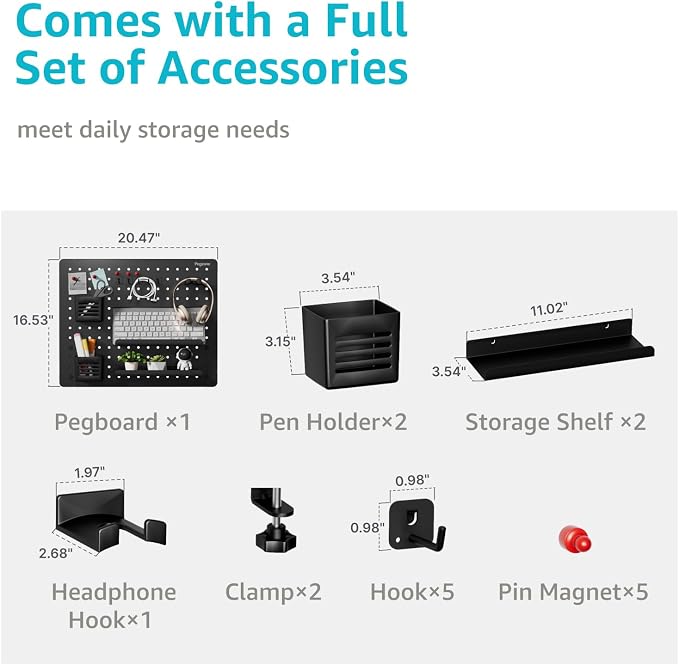 PEGZONE Clamp on Desk Pegboard, 20.4" x 16.5", with 15 Accessories, Black | Magnetic Metal Peg Board, Desk Organizer for Office Gaming Home, Privacy Panel, Large - Image 2