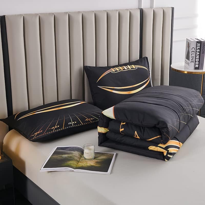 Kids Football Bedding Set - Full Comforter with Pillowcases, Black and Gold, 100% Microfiber, 3 Piece Set, Boys and Girls - Image 4