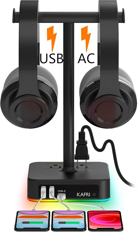 KAFRI RGB Dual Headphone Stand with USB C Charger Desk Gaming Double Headset Holder Hanger Rack with 3 USB Charging Port and 2 Outlet - Suitable for Gamer Desktop Table Game Earphone Accessories Gift by Unknown