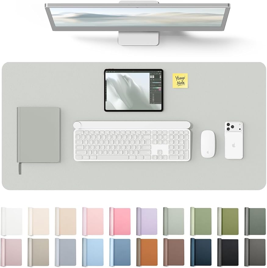 YSAGi Leather Desk Protector, Office Mat, Large Mouse Mat, Non-Slip PU Leather Blotter, Laptop Desk, Waterproof Writing Pad for Office and Home (Light Grey, 31.5" x 15.8") by YSAGi