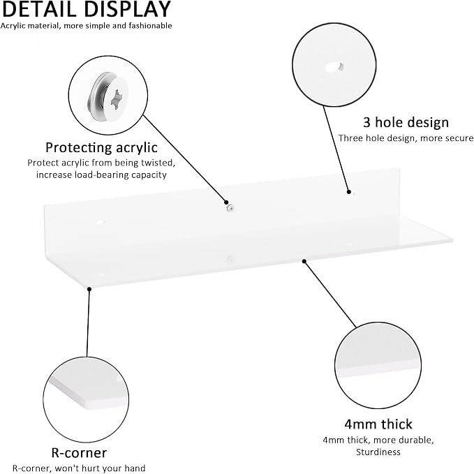 Sezanrpt 20 Inches Acrylic Wall Shelves 2 Pack, Floating Shelf for Wall Mounting, Acrylic Display Ledges for Funko Pop Figures, Home Décor, Living Room, Gaming Room, Plants(20 inch, White) - Image 4