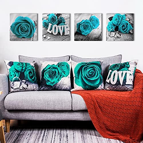 Emerald Green Pillow Covers 20x20” Set of 4, Rose Floral Decorative Pillow Cover Throw for Bedroom Sofa Couch Green Flower Cushion Pillowcase Outdoor Patio Cotton Linen Square Home Furniture Decor - Image 3