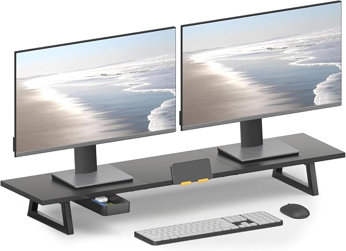 TEAMIX 39.4 inch Dual Monitor Stand Riser with Drawer & Phone Holder, Black | For Computer, Laptop,Printer, Wood & Steel, Holds 100 lbs, Keyboard Storage Underneath, For Home Office Gaming Organization by TEAMIX