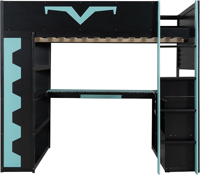 Merax Full Size Gaming Loft Bed with Desk and RGB LED Lights, Pro-Gamer Bed with Power Outlet, Large Bookshelf, Pegboard, Keyboard Tray & Drawer, Blue - Image 5