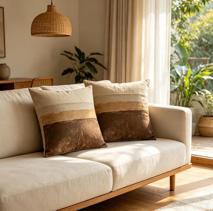 Linen Throw Pillow Covers Set of 2, 18x18in Stripe，Set of 2 Neutral Gradient Horizontal Stripe Linen Throw Pillow Covers 18x18 Boho Cushion Cases - Image 5