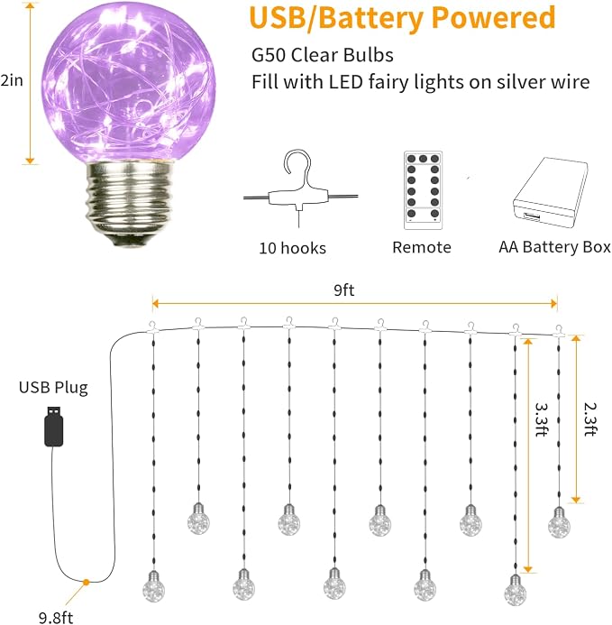 YOLIGHT Wishing Ball Curtain Lights 200 LED Window Curtain String Lights with Remote, USB Battery Powered Twinkle Globe Fairy Lights for Wedding Party Bedroom Halloween Christmas Decoration (Purple) - Image 6